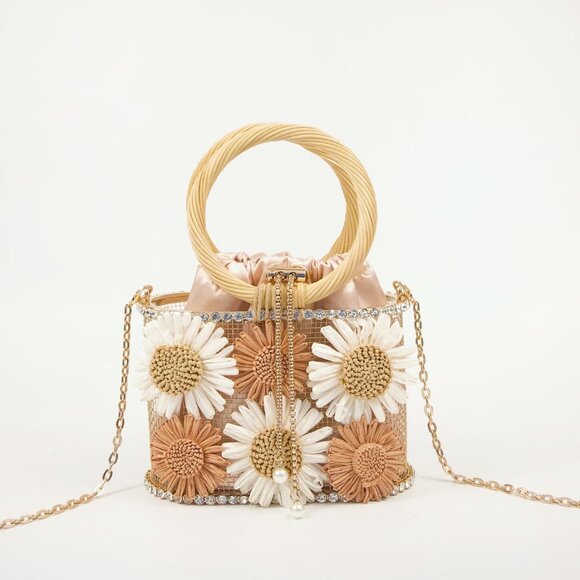 ⚡ Women's Brown White Flower Shaped Rhinestone Metallic Bucket Crossbody Bag - Picture 4 of 8